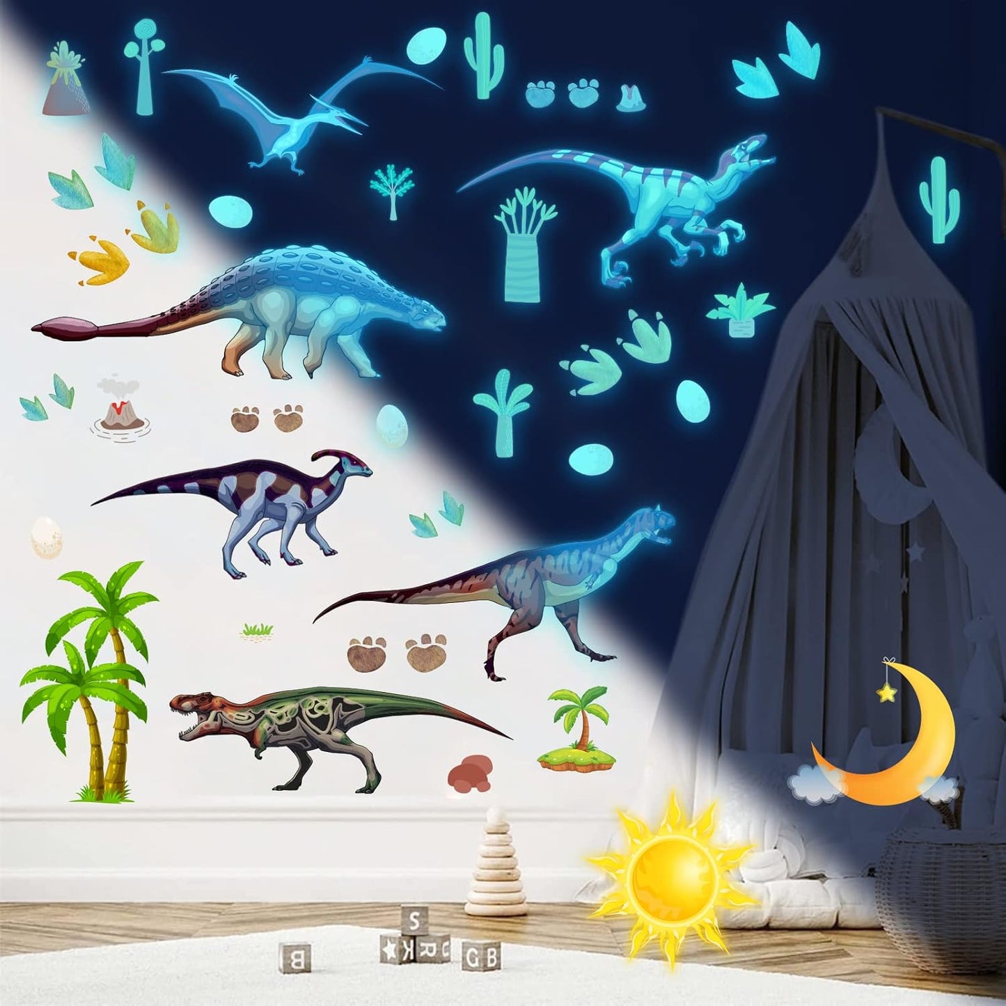 Glow in The Dark Dinosaur Wall Decals, Glowing self-Adhesive Stickers for Ceiling, Children's Room Removable Fluorescent Wall Stickers Children's Room Stickers Boys and Girls Room Decoration Gift