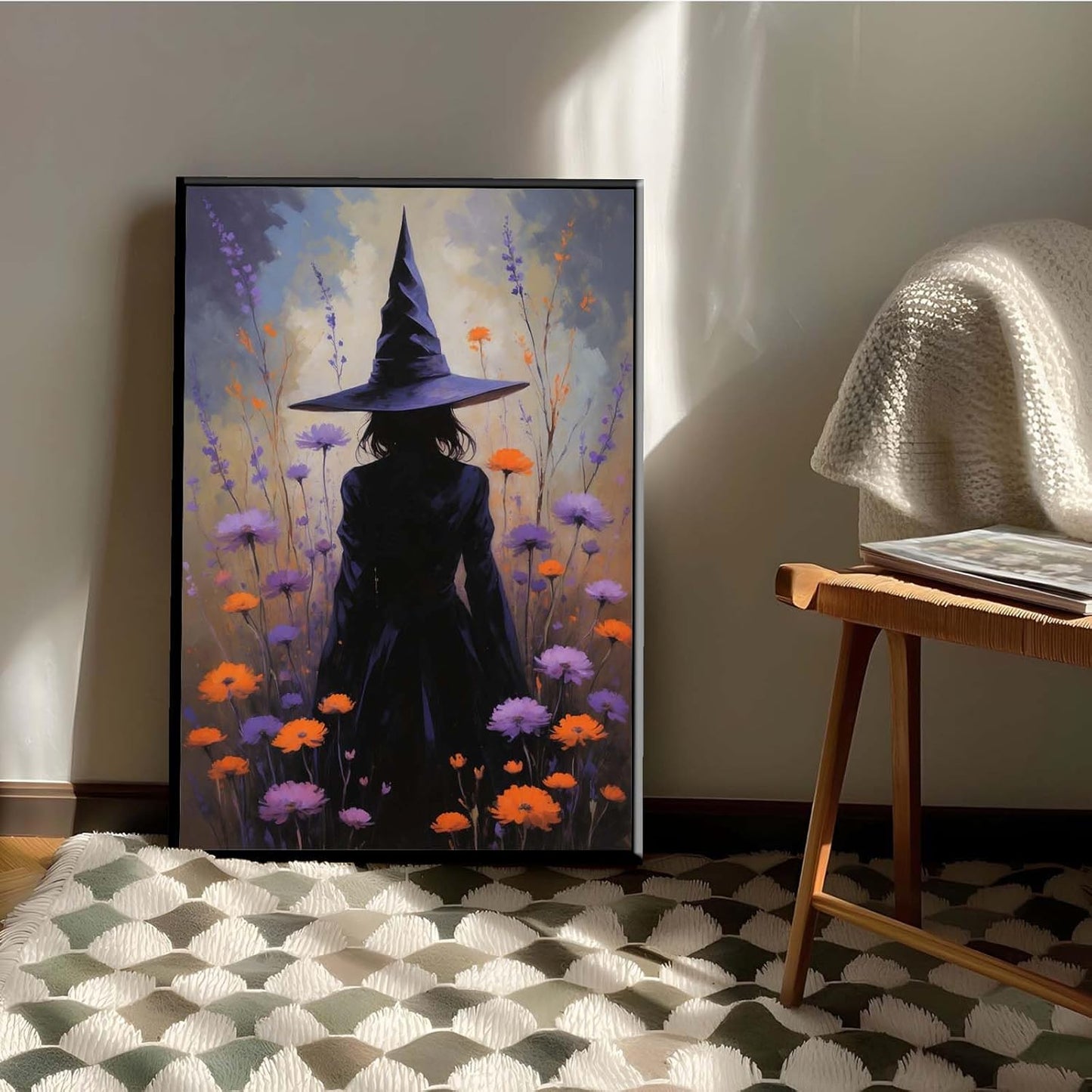 JFHCQJPK Country wildflower witch canvas print halloween mashup art witch purple decoration bohemian elegant art poster8x12in Metal blackFramed