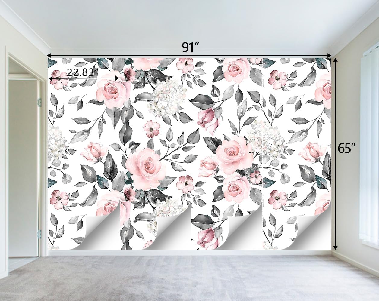 Grey Leaf Pink Flowers Mural Bedroom Floral Wallpaper Room Decor Living Room tv Background Large Wall Mural - 91"x65" (Not Peel and Stick)