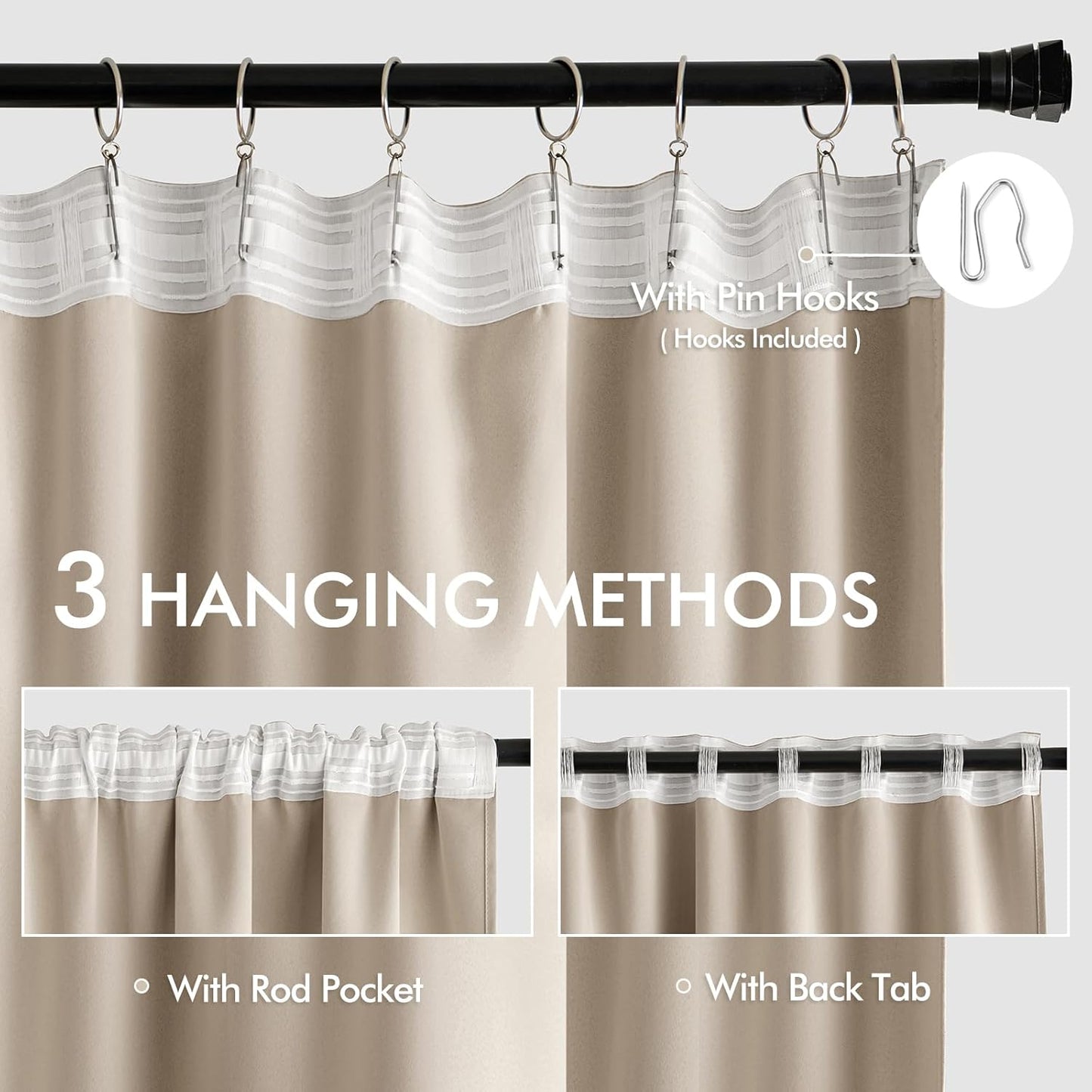 MIULEE Taupe Back Tab Blackout Curtains 120 Inch Long 2 Panels Set for Bedroom, Rod Pocket/Pinch Pleated Extra Long Thermal Insulated Living Room Darkening Light Blocking 10FT Drapes