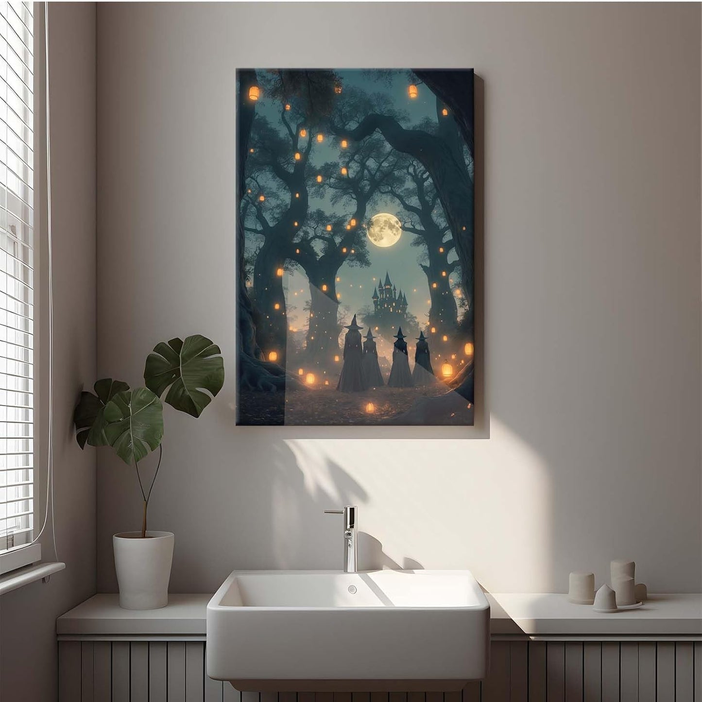 Mysterious creek painting witch and castle in magic forest art print canvas gothic print dark college decoration poster for home bedroom16x24in Wood Framed