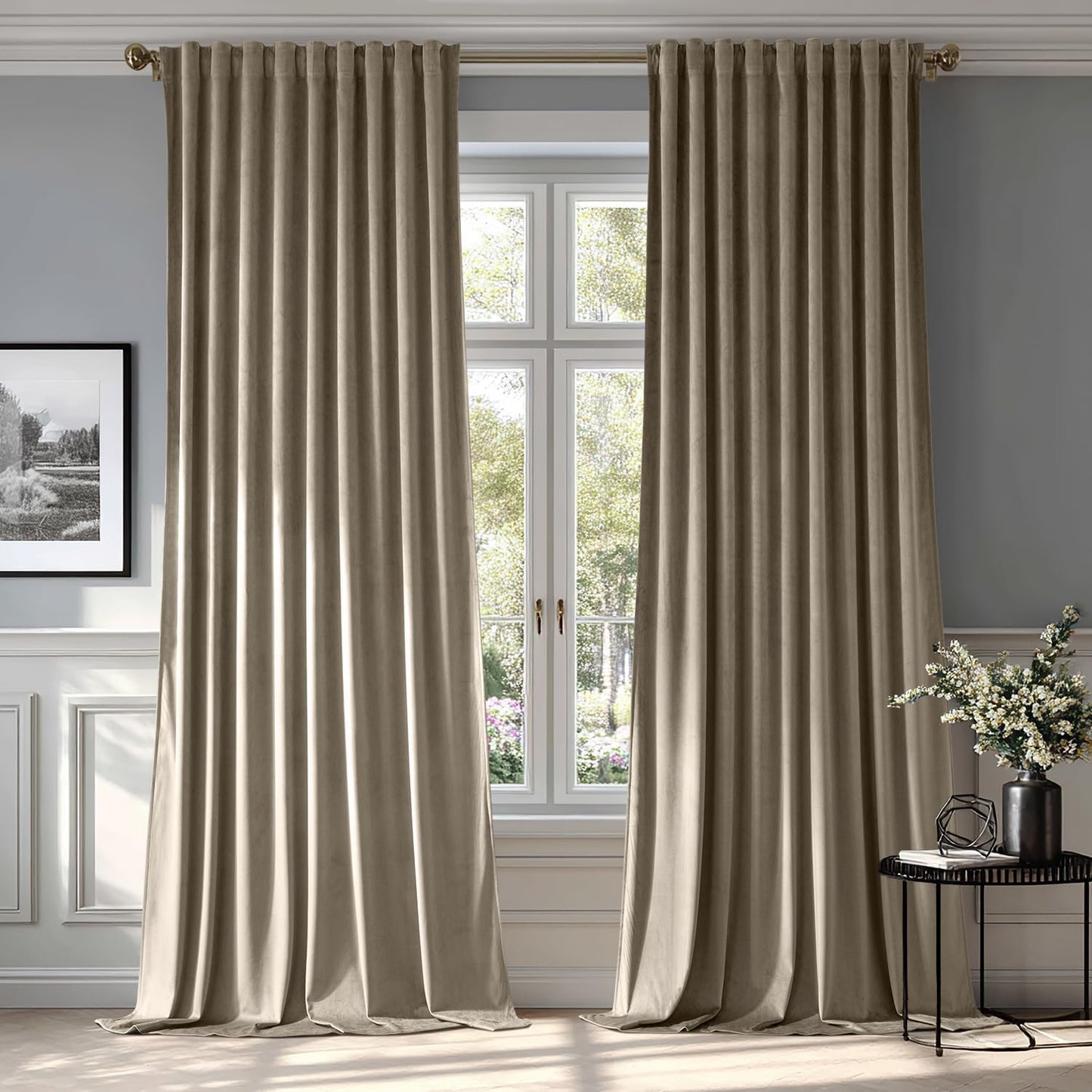 MIULEE Taupe Velvet Curtains 108 inches 2 Panels - Luxury Room Darkening Window Drapes for Bedroom Living Room Thermal Insulated Super Soft Blackout Extra Long, Back Tab Rod Pocket Pinch Pleated