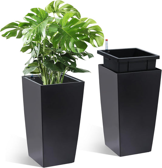 16" Tall Planters Set of 2, Outdoor＆Indoor Black Planter Pots, High Front Porch Planter Pots with Drainage Holes＆Water Level Monitor＆Inner Bucket, Automatic Watering,Black