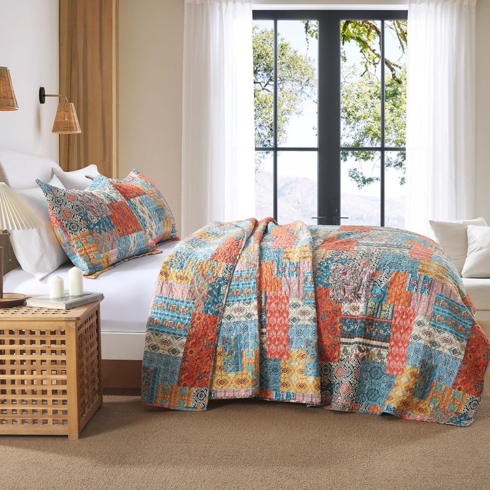 Cotton Bedspread Quilt Sets Reversible Coverlet Sets Comforters Vintage Bohemian Patchwork Bedspread,Orange,Queen Size