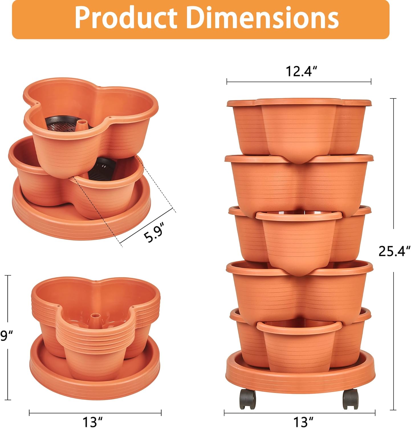 VECELO 5 Tier Vertical Garden Planter, Self Watering Stackable Planters with Wheels for Strawberries, Herbs, Flowers, Vegetables, Red