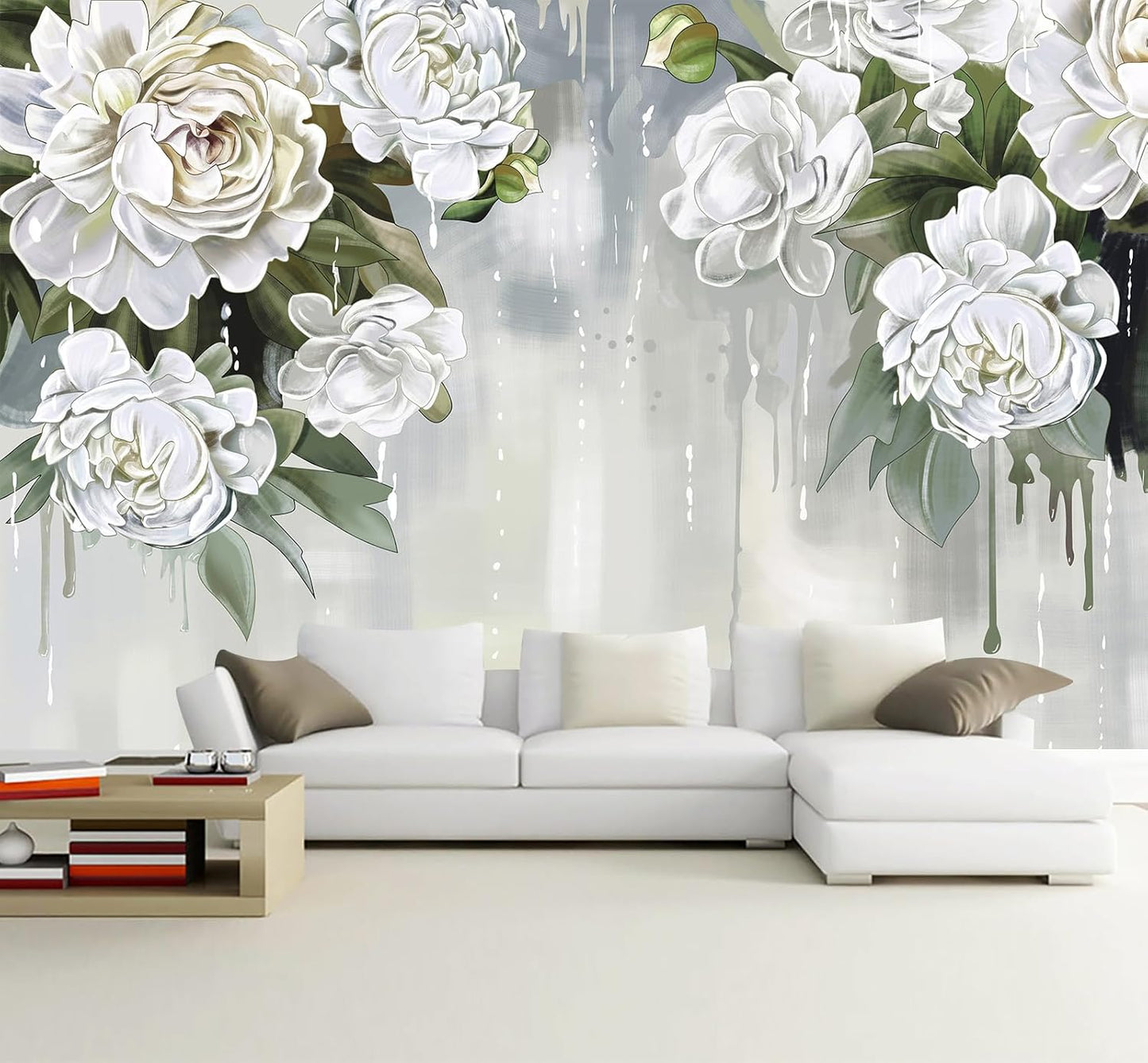 Vintage Floral Wallpaper Bedroom Hand-Painted White Peonies Flowers Wall Mural Children's Room (Not Peel and Stick)