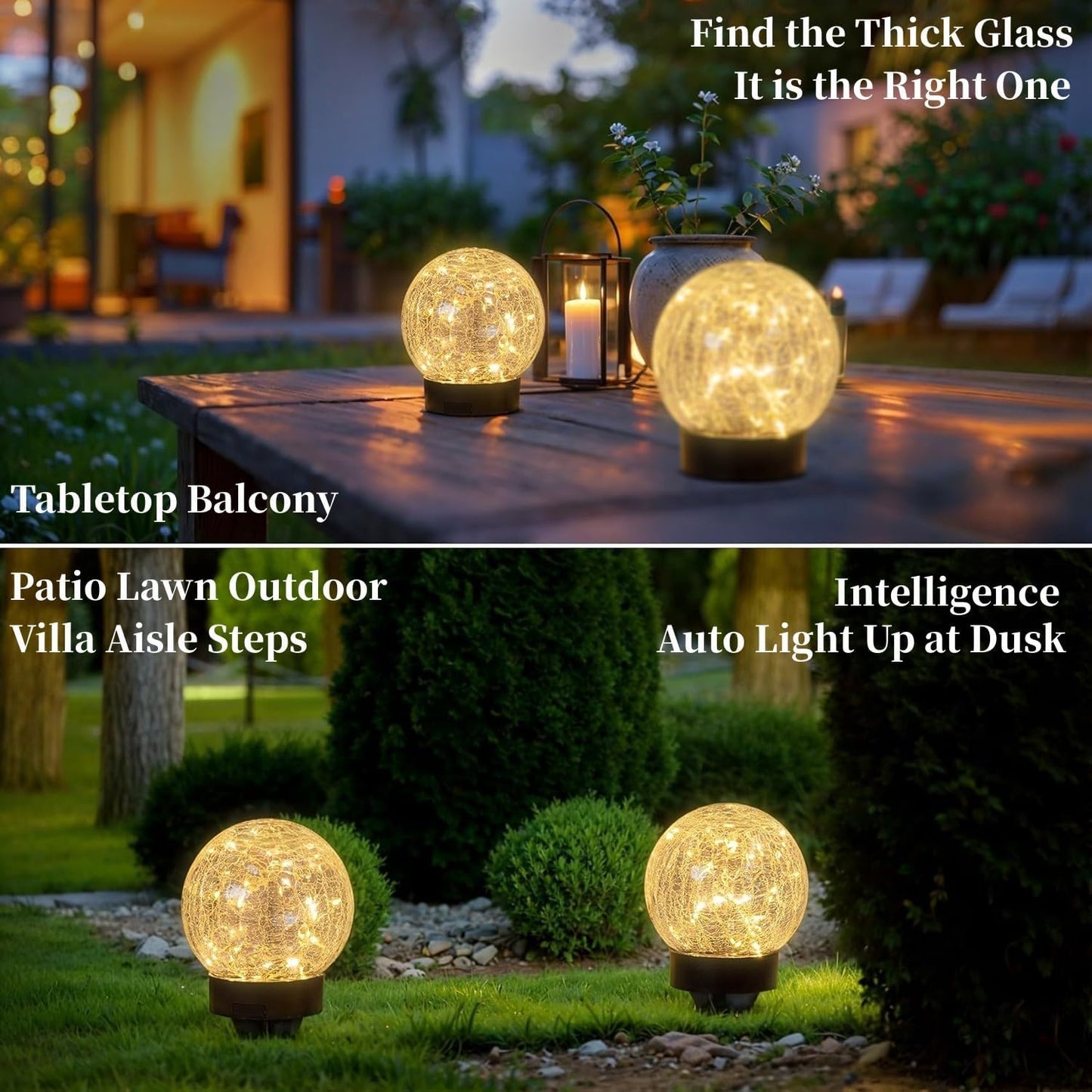 Beautyard Solar Globe Lights Outdoor Large Garden Decor USB Charged 4.72" Diameter 40LED 1000mAh Solar Lights Cracked Glass Globe Power Yard Patio Garden (4.72'' Large 2 Pack Warm White)