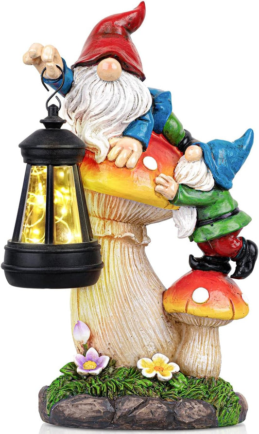 TIJNN Solar Garden Statue Gnomes Figurine Lights,Funny Gnomes Standing on Mushrooms with Lanterns, with Lanterns Outdoor Yard Decorations for Patio Porch Home, Garden Gifts for Women Mom
