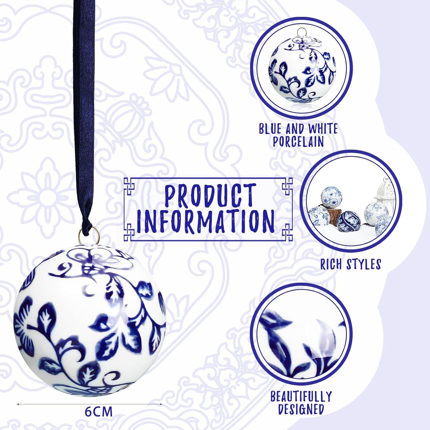 Cindeer 6 Pcs Blue and White Christmas Porcelain Balls 2.4 Inch Porcelain Chinoiserie Ornament Bulk Christmas Ceramic Hanging Decorative for Tree Home Xmas Party (Stylish Style)