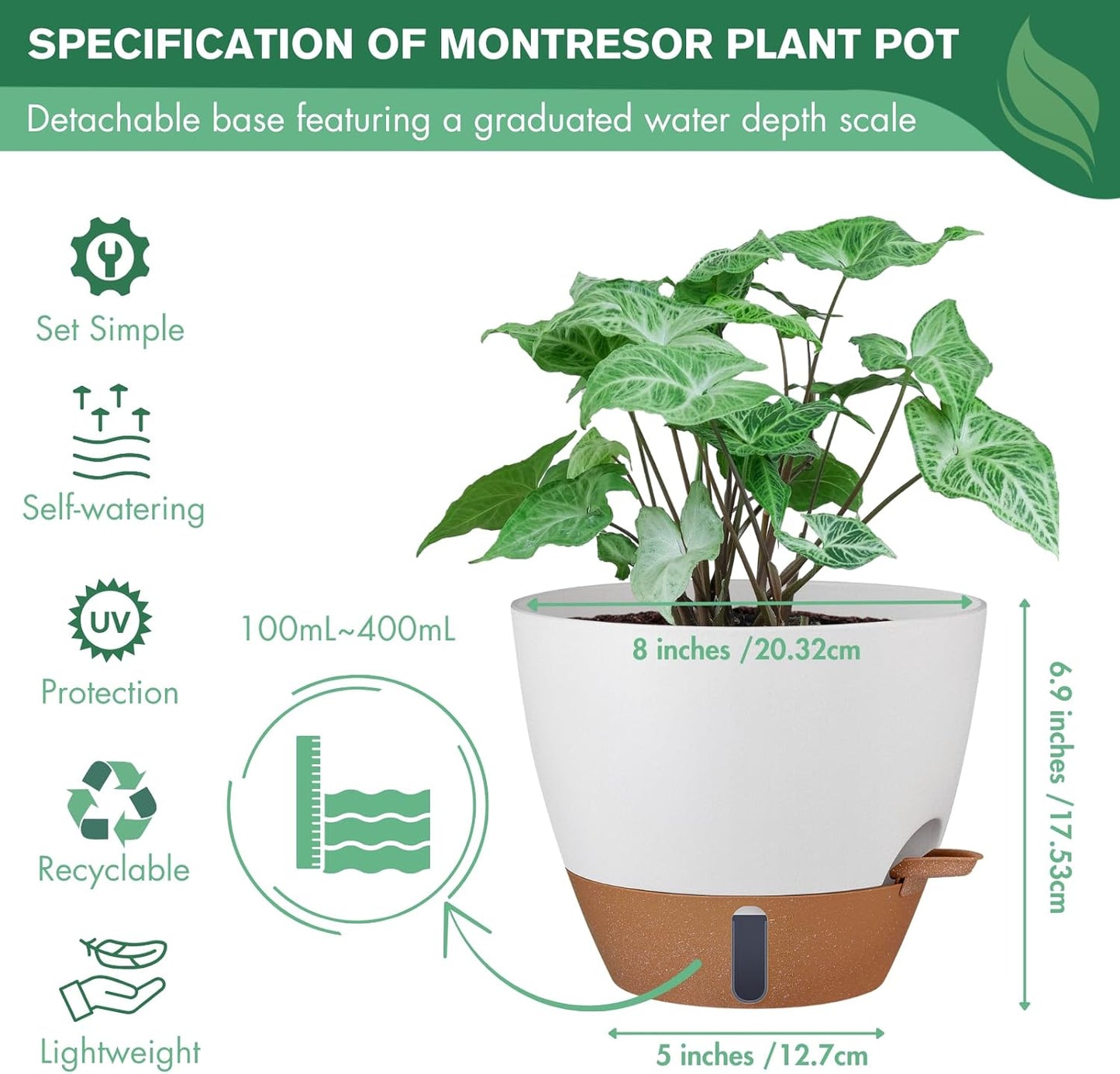 montresor 2 Pack 8 inch Plant Pots, PP Plastic Self Watering Plant Pot with Drainage and Tray for Indoor Outdoor Plants, Water Level Window & Reservoir Flower Pots Decorative Planter(White)