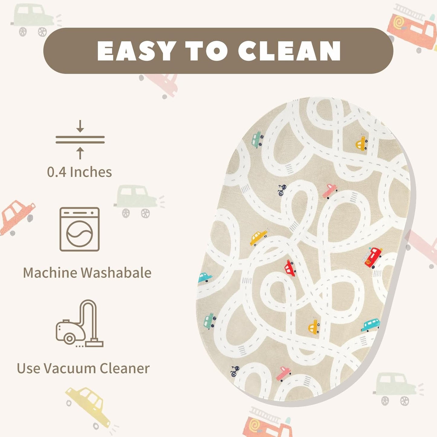 STARUIA Large Kids Rug for Playroom, 4'x6' Washable Road Rug for Nursery, Non-Slip Car Rugs for Boys Room, Tan Traffic Classroom Rugs Soft Baby Play Mat for Dorm Toy Room Tent