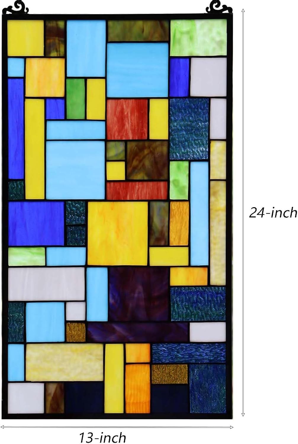 Bieye Geometric Color Block Tiffany Style Stained Glass Window Panel with Hanging Chain (13x24 inches W10090)