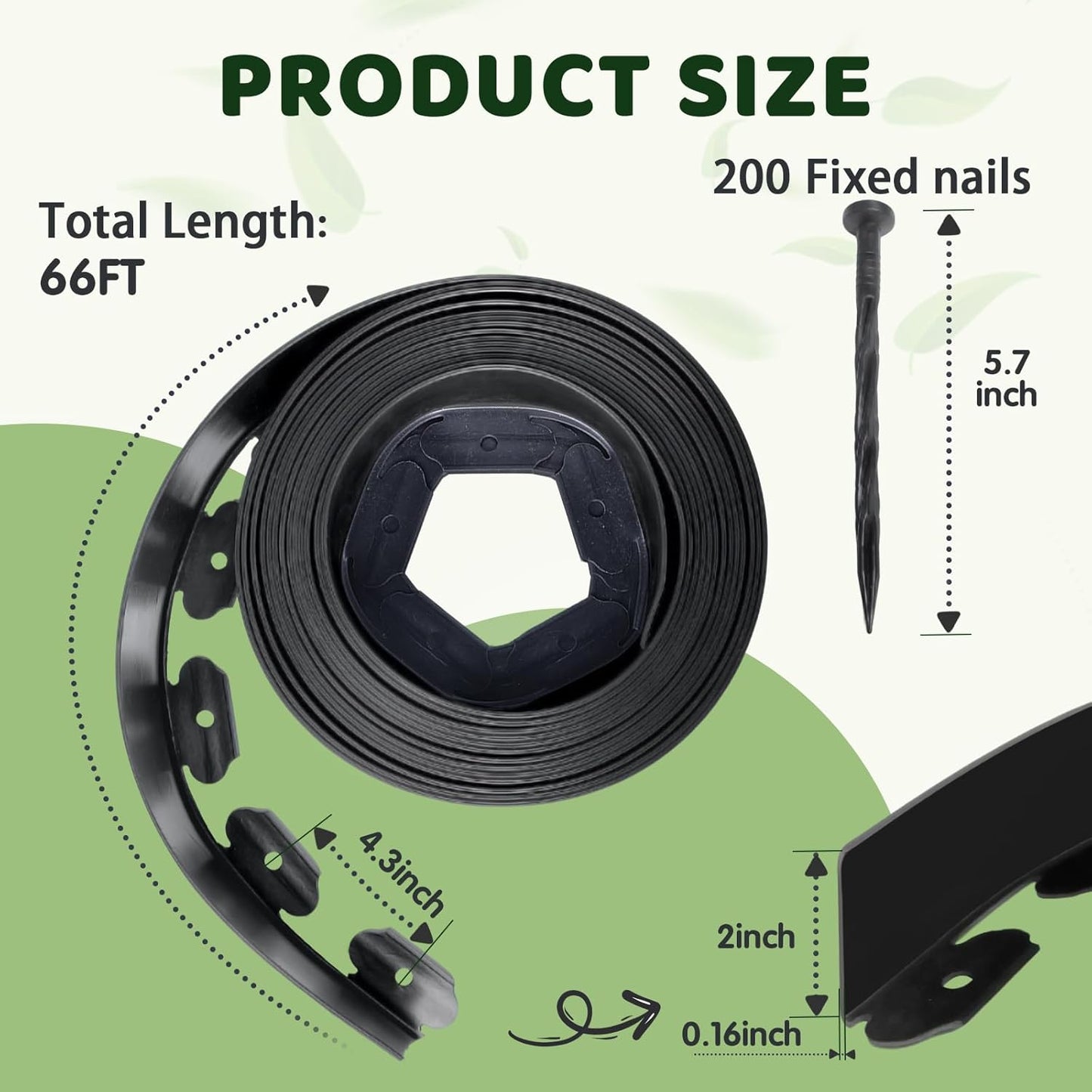 Landscape Edging - 2 Inch x 66FT Garden Border with 200 PCS Spikes, Plastic Lawn Edging for Flower Bed, Pathway and Yard(Black)