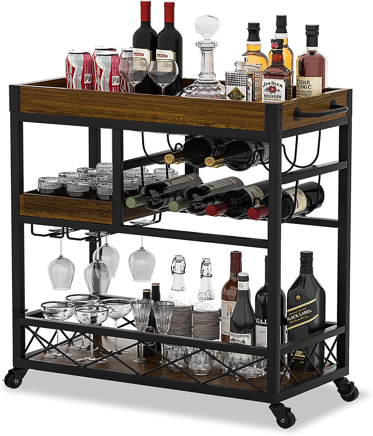 Bar Cart Industrial Kitchen Serving Carts for Home 3 Tier Storage Trolley with Wine Rack Glasses Holder Two Portable Trays Universal Casters with Brakes Rustic Rolling Cart Alcoholic Beverage