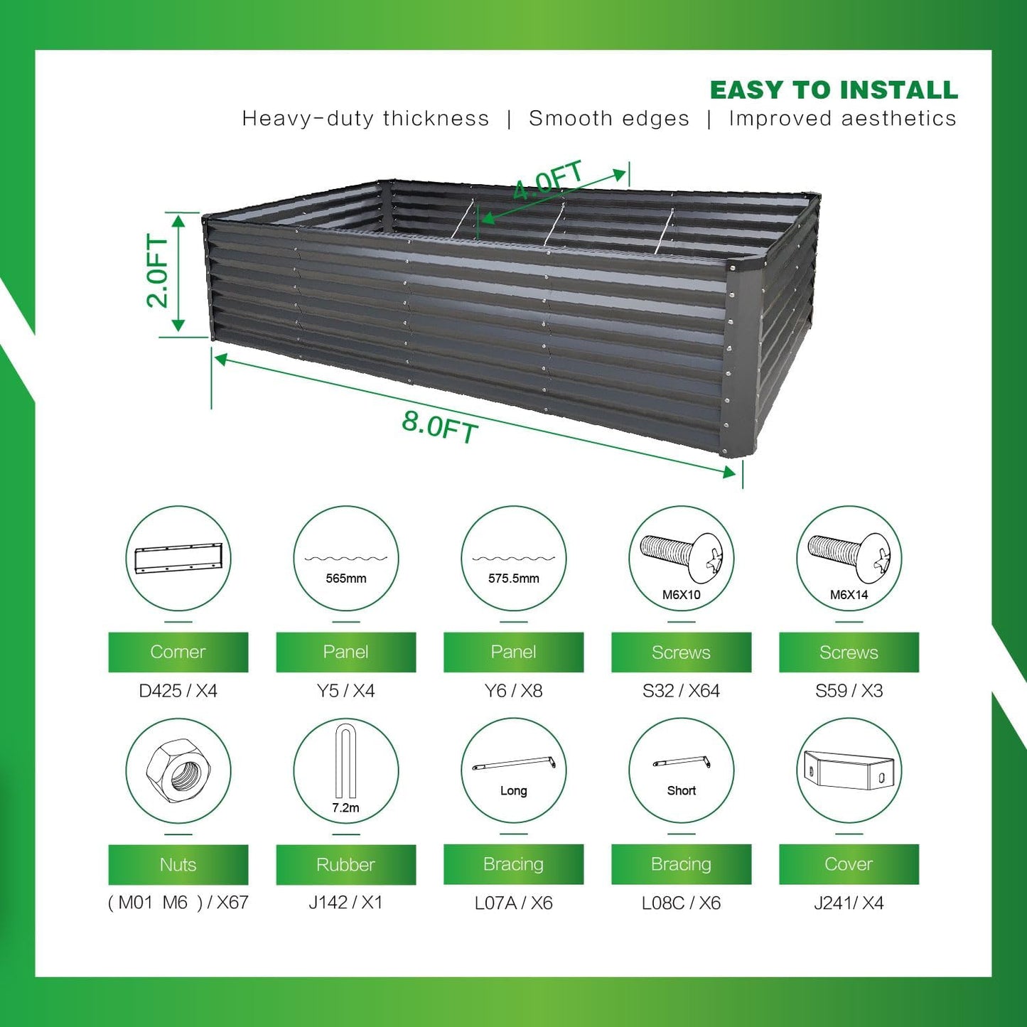 GARDMAX 8x4x2FT Galvanized Raised Garden Bed Kit, Metal Planter Boxes Outdoor with Easy Assembly, Large Garden Bed for Vegetables, Fruits, Flower, Herbs Rectangle Dark Gray