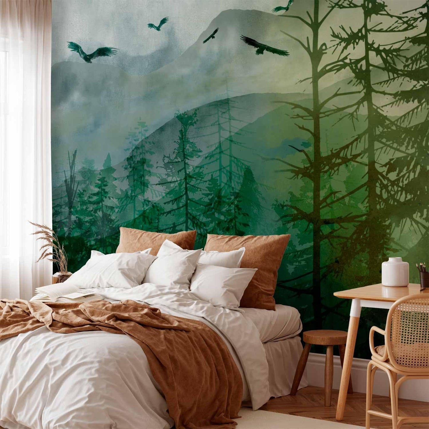 artgeist Wall Mural Peel and Stick Natura 212x98 in - XXL Self-Adhesive Corner Wallpaper Removable Large Sticker Foil Angle Wallpaper Mountains Forest Birds Clouds c-A-10017-a-b