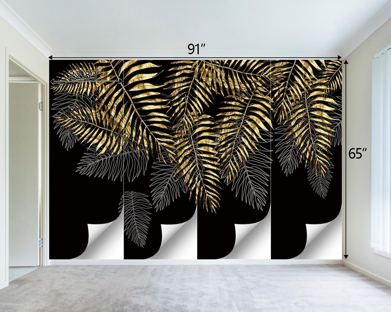 Black and Gold Leaf Mural Bedroom Tropical Botanical Wallpaper Room Plant Decor Living Room tv Background Large Wall Mural - 91"x65" (Not Peel and Stick)