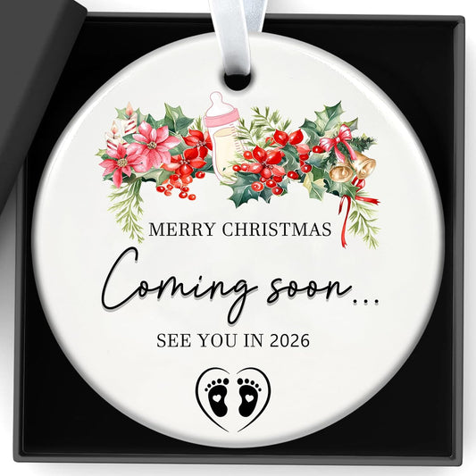 Christmas Ornaments, Expecting Baby Ornament Pregnancy Announcement Merry Christmas Coming Soon See You in 2026 Xmas Hanging Decor Best Gift for Expectant Moms or Grandparents 3 Inch Ceramic