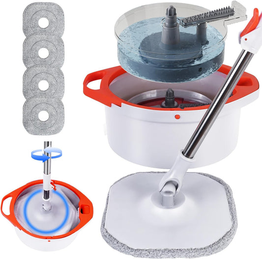 Spin Mop and Bucket with Separate Dirty and Clean Water,360° Spin Mop and Bucket System with Widening Foldable Handle,4 Replaceable Mop Pads,Square Mop for Floor Hardwood Marble Wall Cleaning
