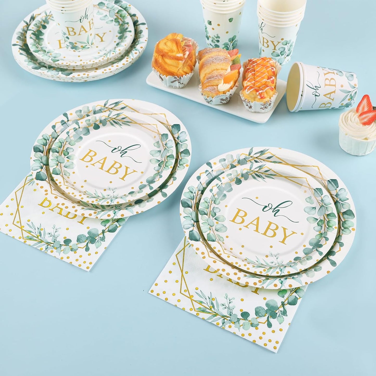 350 Pcs Sage Green Baby Shower Decorations, Baby Shower Plates and Cups and Napkins Sets Serves 50, Oh Baby Plates with Gold Dots for Boho Baby Girl Boy Neutral