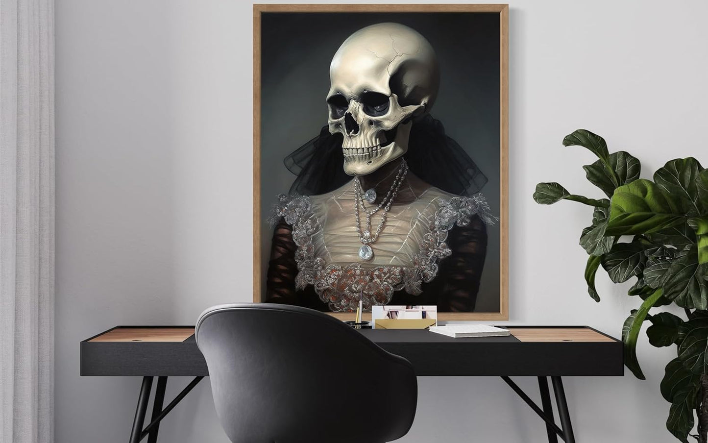 Female Skull Poster Art Print, Halloween Scary Vintage Wall Art Academia Spooky Painting Decoration for Horror Prints, Gothic Posters Bedroom Decor 89 (Female Skull, 11 x 14 inches, Wood Frame)