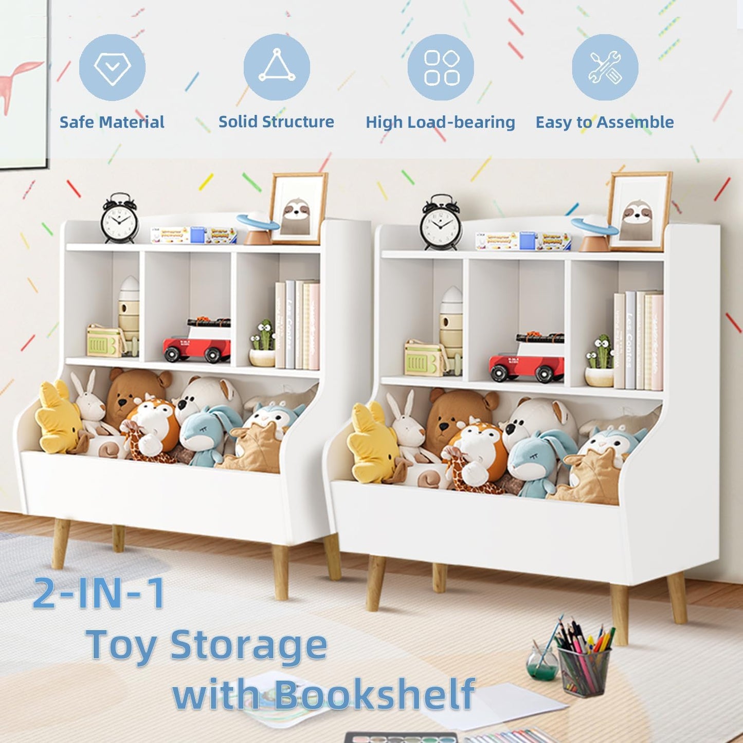 Kids Bookshelf and Toy Storage, 4-Cubby Toy Storage Organizer with Bookcase, Wood Kid Storage Cubby, 24"L x 14"D x 28"H Montessori Toy Shelf, Toddler Book Shelf for Kids Room Nursery Playroom
