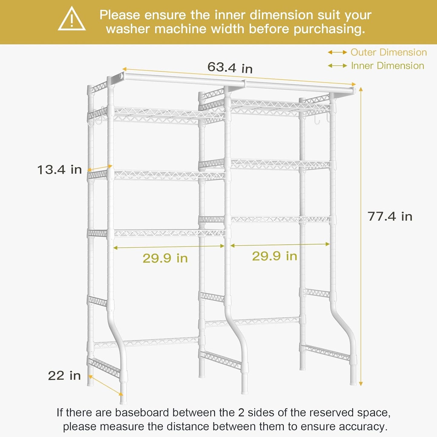 Ulif U13 Over Washer and Dryer Storage Shelves, 6 Tiers Laundry Room Standing Shelf with 2 Hanger Rods, Space Saver Clothes Drying Rack, 63.4" W x 22" D x 77.4" H, White