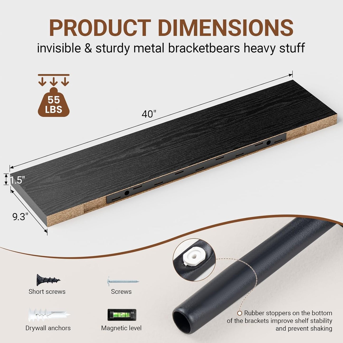 Heimlove 40 Inches Floating Shelves for Wall,9.3" Deep Black Long Floating Shelves Set of 2,Large Display & Storage Shelf,Wall Shelf for Bathroom Bedroom Living Room Kitchen Office