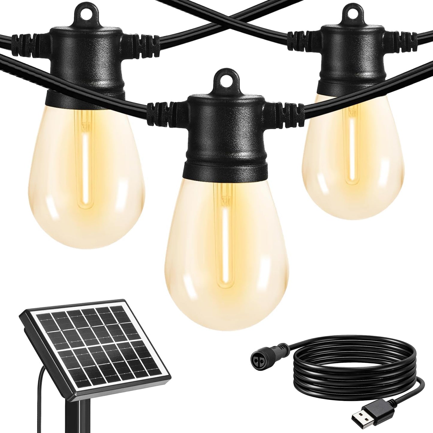 SUNTHIN 100ft Solar String Light Outdoor, USB Rechargeable Patio Solar Outdoor Lights with Waterproof & Shatterproof 30 LED Bulbs for Backyard, Porch, Garden, Pool, Party, Camping