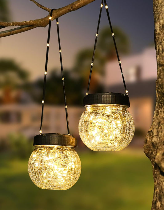 PARTPHONER Solar Lantern Solar Lights Outdoor Waterproof 2-Pack, Solar Powered Hanging Lights Cracked Glass Hanging Globes for Christmas Decoration, Shepherd Hook, Garden Tree Ornaments