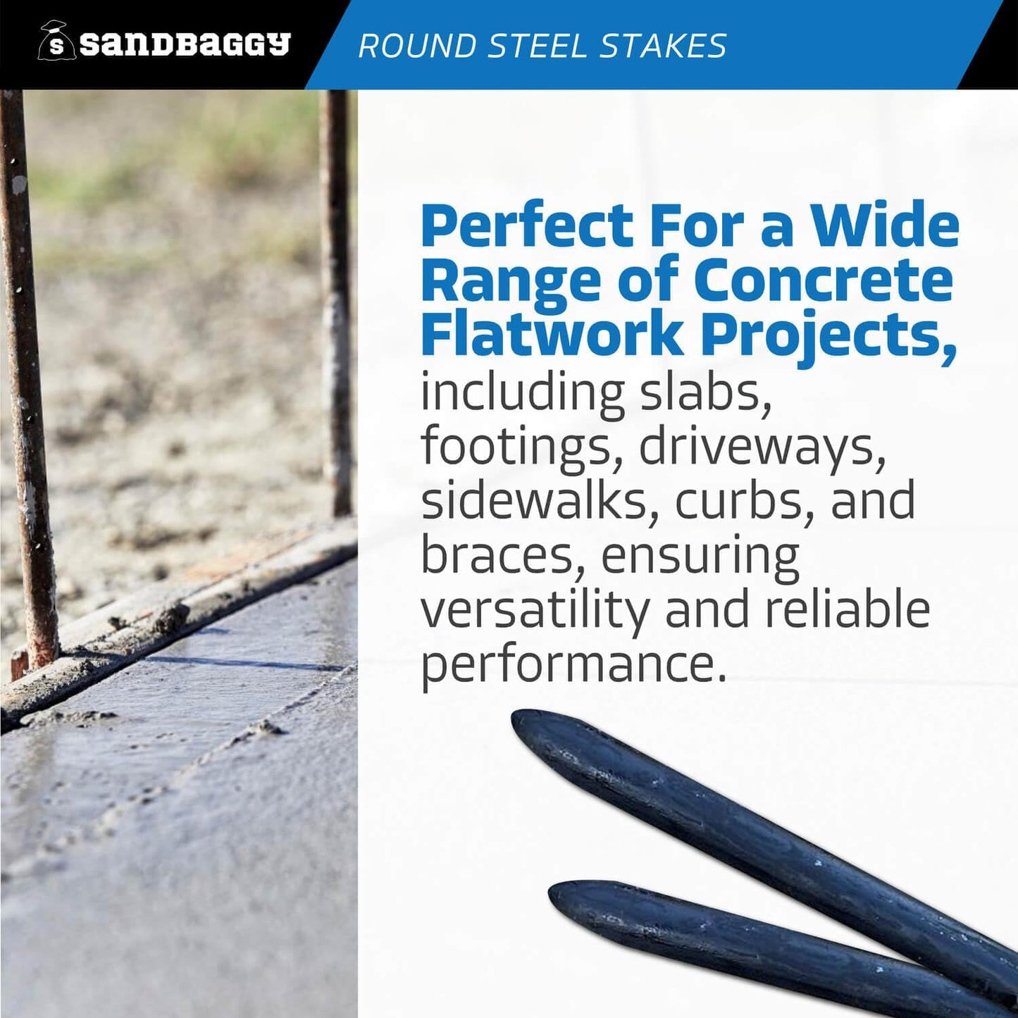 Sandbaggy Round Steel Concrete Form Stakes with Nail Holes - Rust Resistant Coating - Removable, Reusable (5, 3/4 in X 18 in)