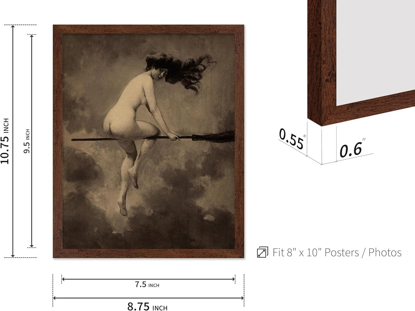 Poster Master Vintage Albert Joseph Penot Poster - Retro Halloween Print - Gift for Artist, Friend - Departure for the Sabbath, Naked Witch on Broom - Wall Decor for Bedroom, 8x10 Brown Framed