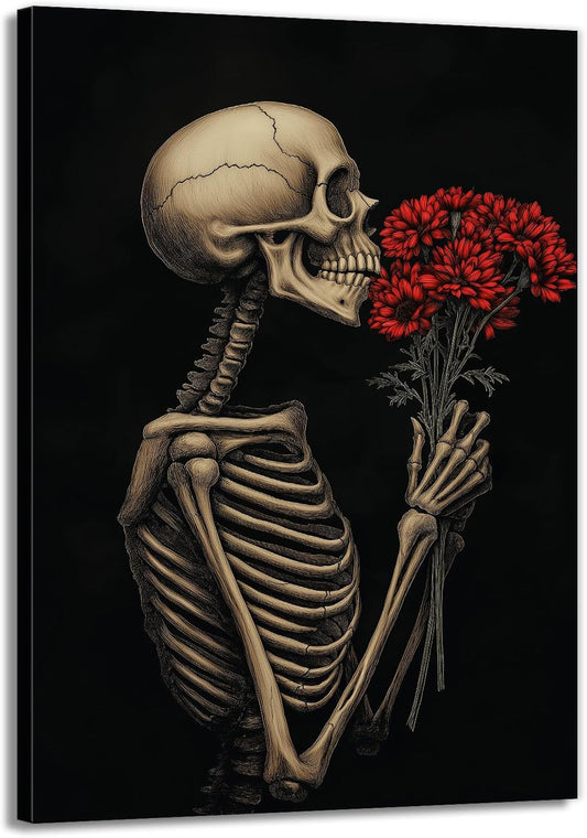 OAAPITI Red Rose Skull Wall Art Dark Themed Skeleton Painting Modern Artwork for Gothic Home Decor(Artwork-5,12"x18")