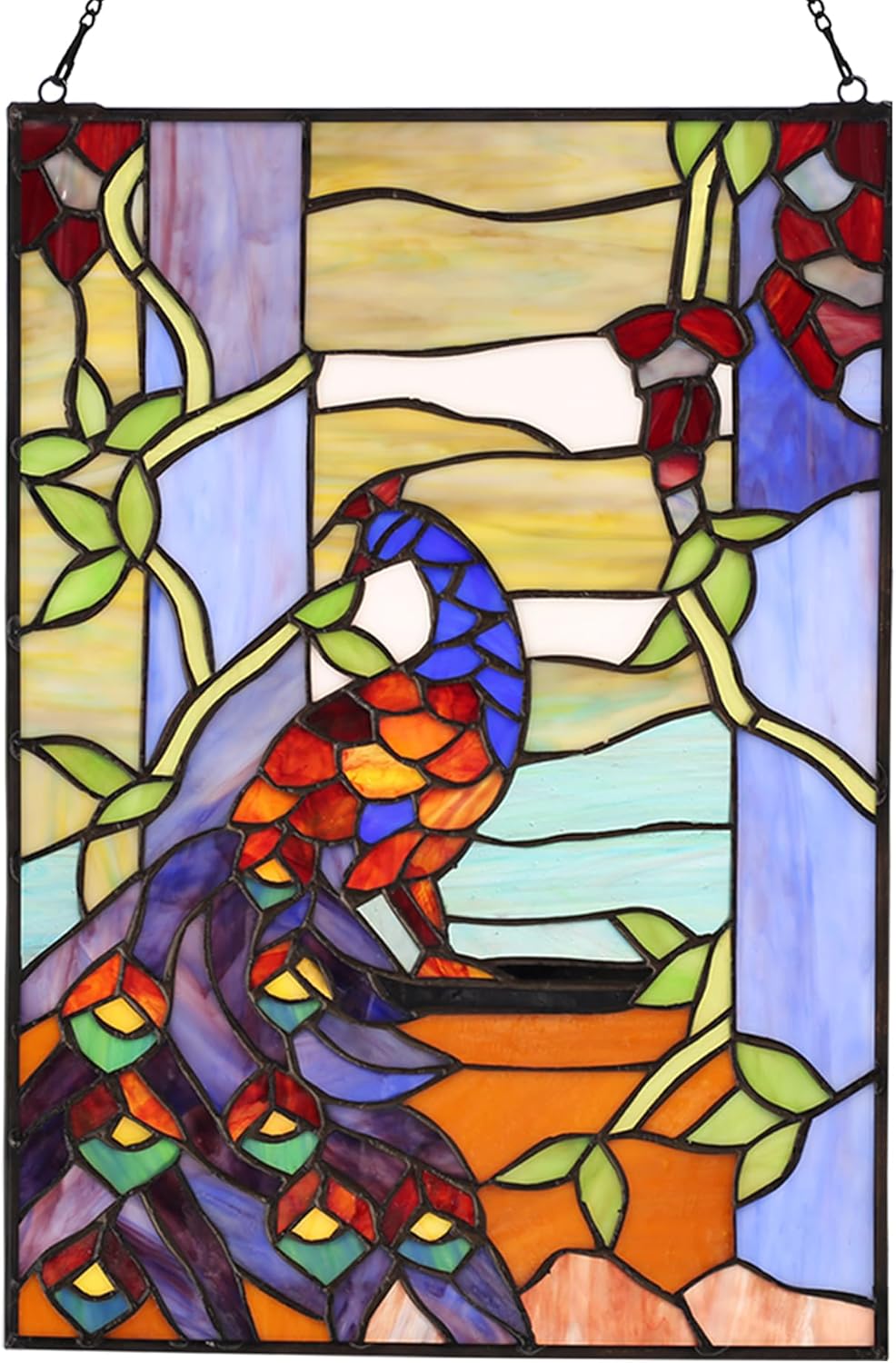 YOURANJU Stained Glass Window Hanging 16" H x 11" W Tiffany Style Rectangular Window Panel Suitable for Living Room Bedroom Kitchen Window Decoration Hangings with Chain (Peacock)