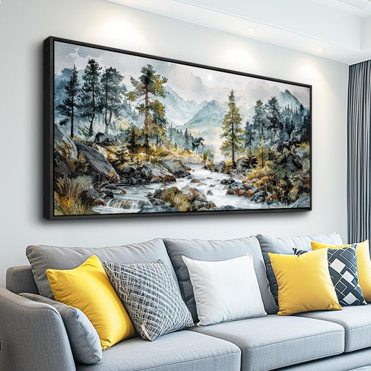 PHAOHUAXM Large Canvas Printing Artworks Wall Art For Bedroom Wall Decor For Living Room Office Home Decor Rivulet View Painting Forest Tree Landscape Watercolour Pictures Black Framed 30x60 In