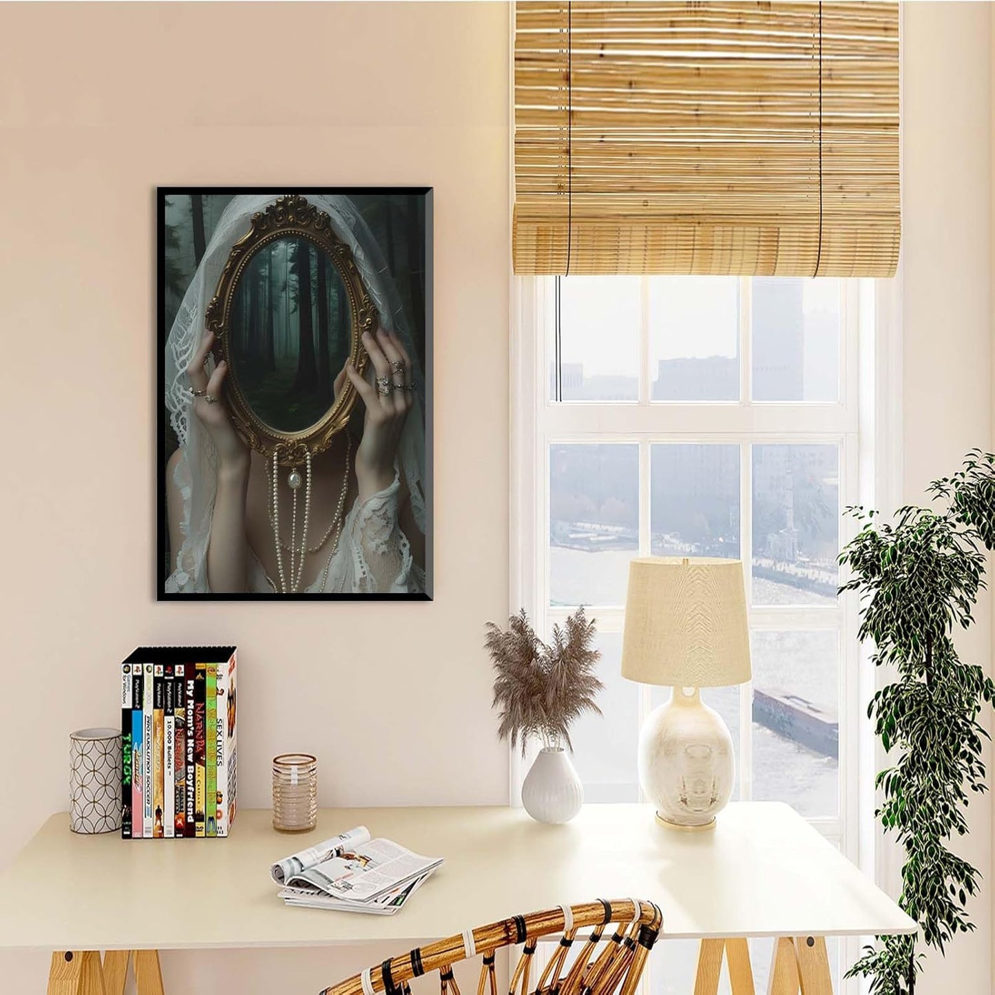 Mirror face covering dark art poster print melancholy gothic painting vintage feminine print victorian style decoration antique art24x36in Metal blackFramed