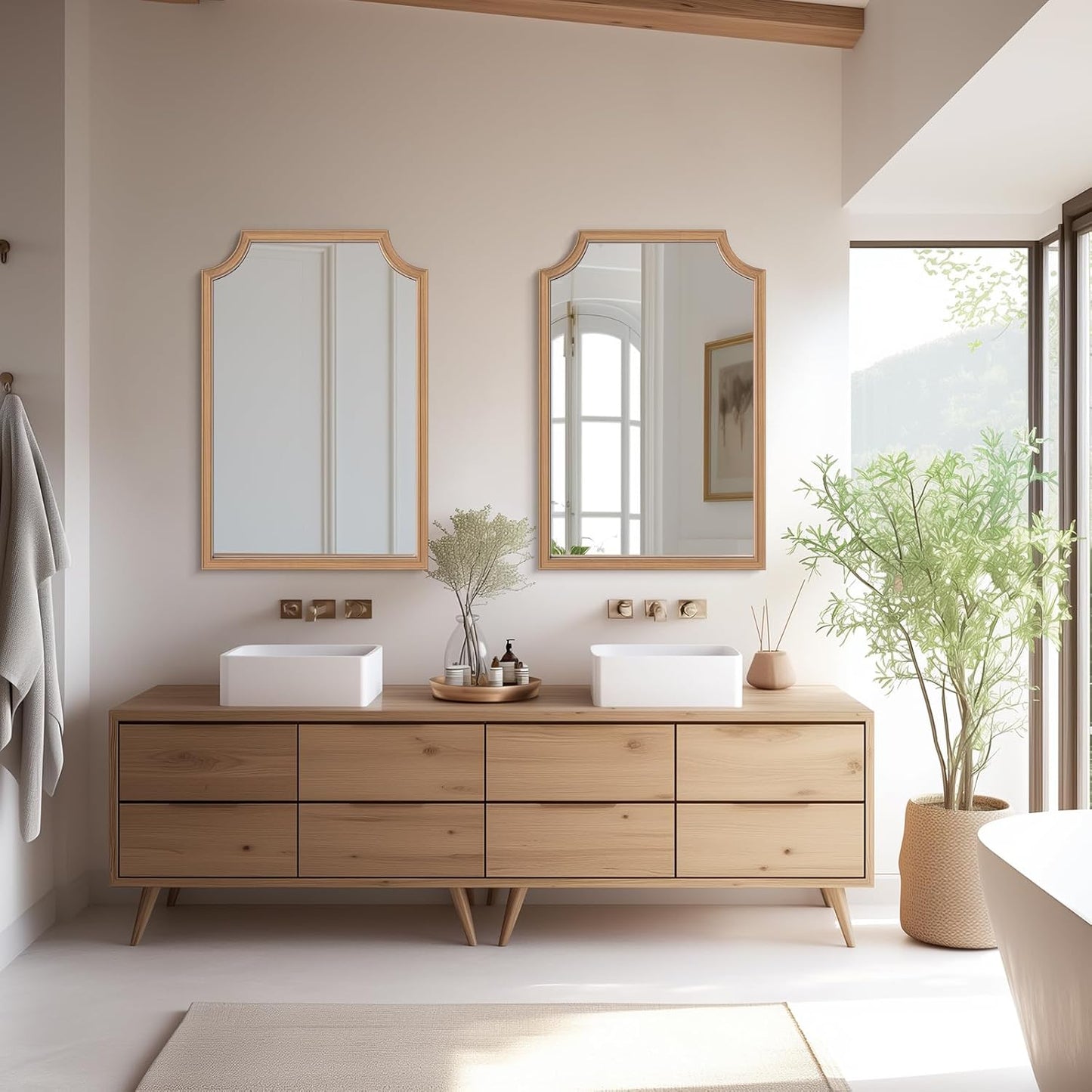 WallBeyond Wood Framed Mirror with Scalloped, 24" x 36" Farmhouse Arch Wall Mirror for Bathroom Entryway Living Room or Bedroom Home Decor [Honey-Colored]