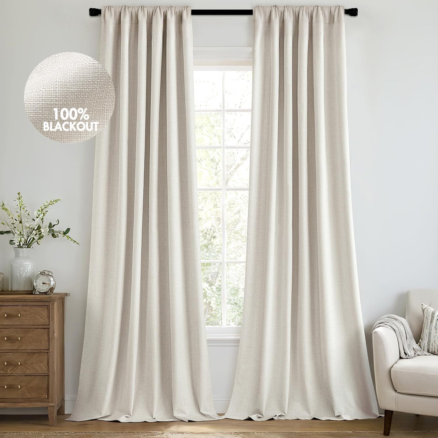 MIULEE 100% Blackout Curtains 94 Inch Long 2 Panels Set for Bedroom, Thick Luxury Faux Linen Black Out Curtain Room Darkening Back Tab Pleat Window Textured Drapes with Hooks for Living Room, Birch