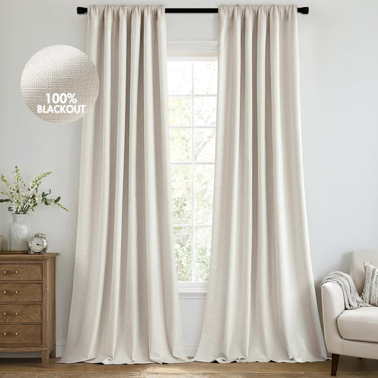 MIULEE 100% Blackout Curtains 102 Inch Long 2 Panels Set for Bedroom, Thick Luxury Faux Linen Black Out Curtain Room Darkening Back Tab Pleat Window Textured Drapes with Hooks for Living Room, Birch