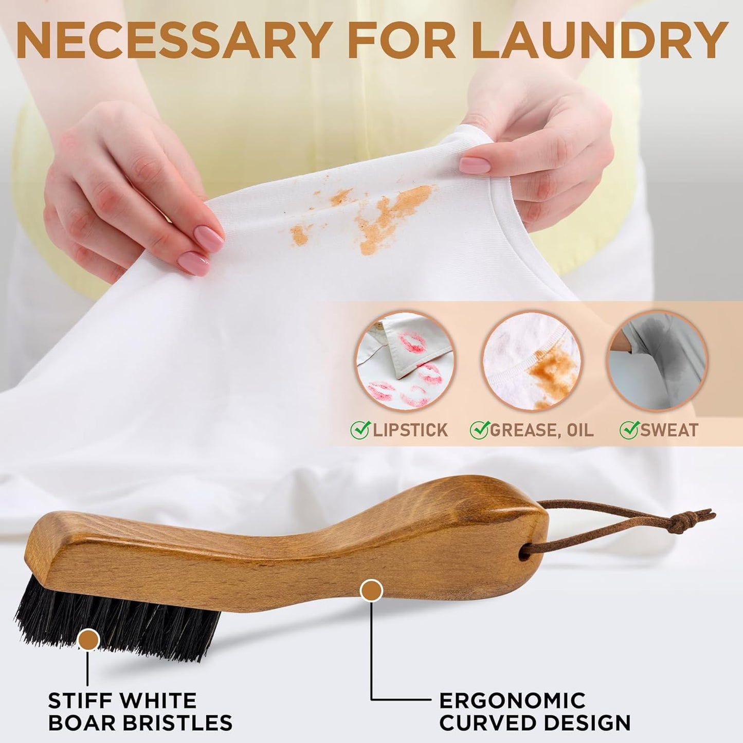 TAKAVU Stain Brush, Laundry Brush for Stain Removal, Natural Black Boar Bristle Cleaning Brush with Ergonomic Handle, Suitable for Delicate Fabrics Without Damage, Perfect Laundry, Shoes, Boots, Home