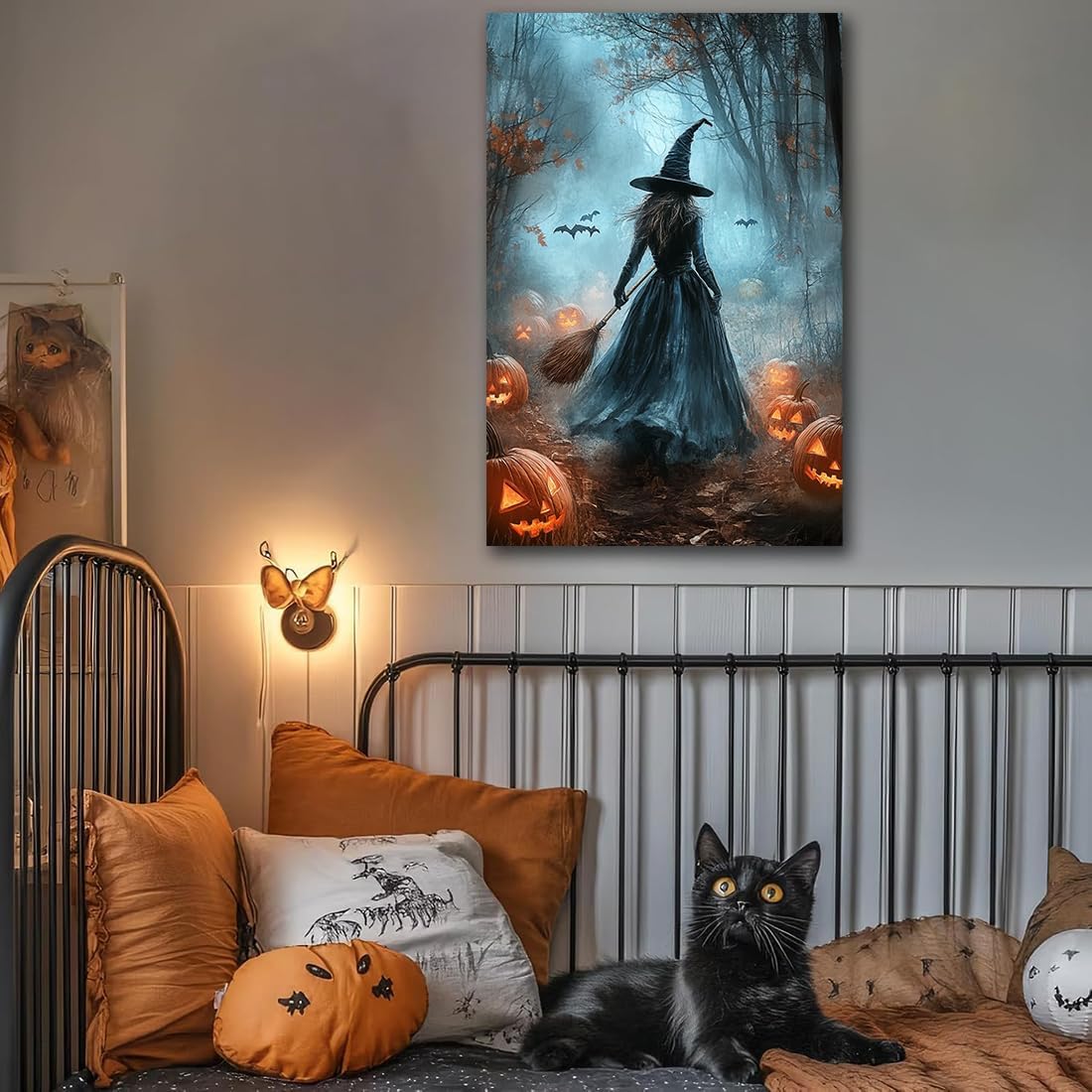 Vintage Moody Halloween Witch Artwork Wall Decor,Spooky Halloween Gothic Canvas Artwork Creepy Horror Witch with A Broom Pumpkin Bats Rustic Forest Picture,Dark Academia Poster,24"x36" Unframed