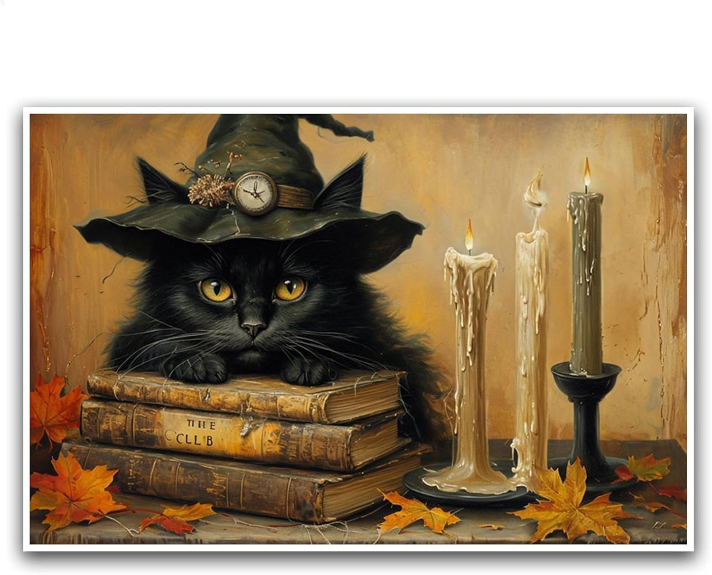 JFHCQJPK Vintage Halloween wall decoration black cat and magic book suitable for home bedroom living room decoration dark classic art witch wall decoration24x36in Frameless