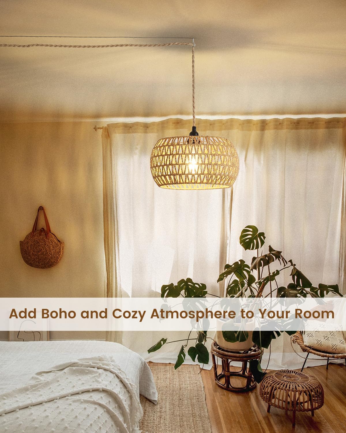 Rattan Boho Hanging Light,12.6'' Natural Hand Woven Fabric Drum Light,Plug Into Wall Outlet Pendant Light Fixture On/Off Switch for Dining,Living Room,Bedroom,Kitchen,Hallway Entryway, Without Bulb