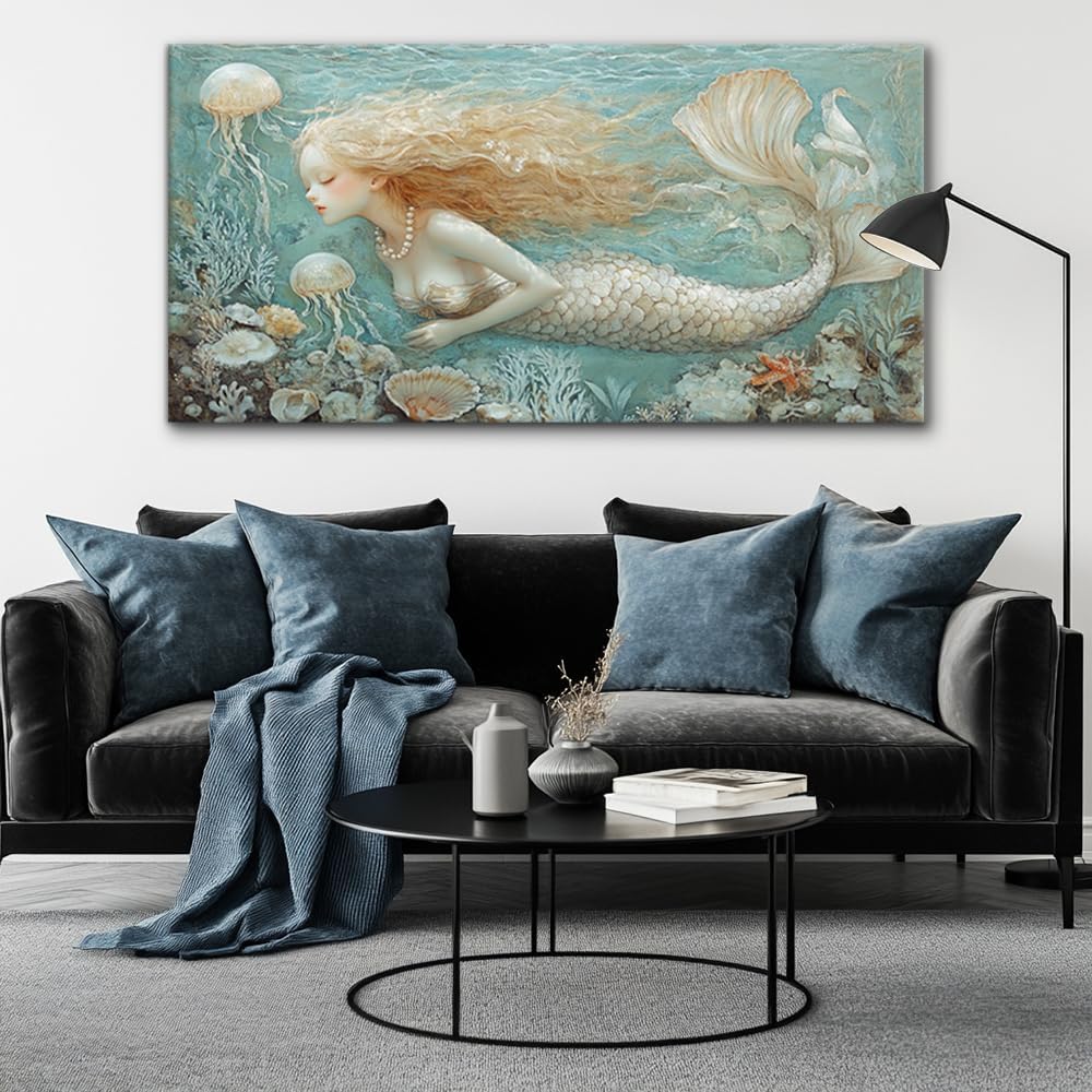 LASMOND Ocean Mermaid Wall Art for Girls Room Modern Canvas Prints Marine Organism Underwater World Sea Creatures Artwork Paintings Women Bedroom Wall Decor (46x23 Inches)