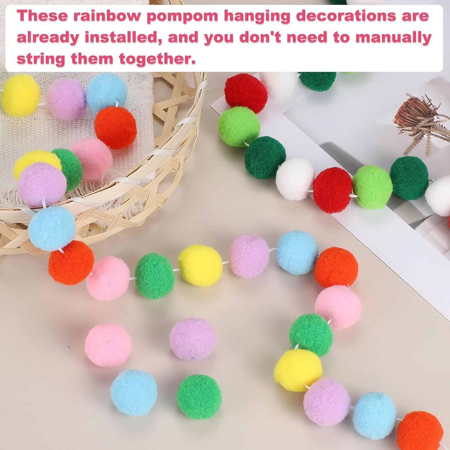 PATIKIL 13Ft Pom Pom Garland Decorations, 2Pcs Colorful Felt Ball Garland Banner Cute Rainbow Pompom Hanging Decorations for Tree Ornaments Homes Decor, Red/Green/White/Gray Green