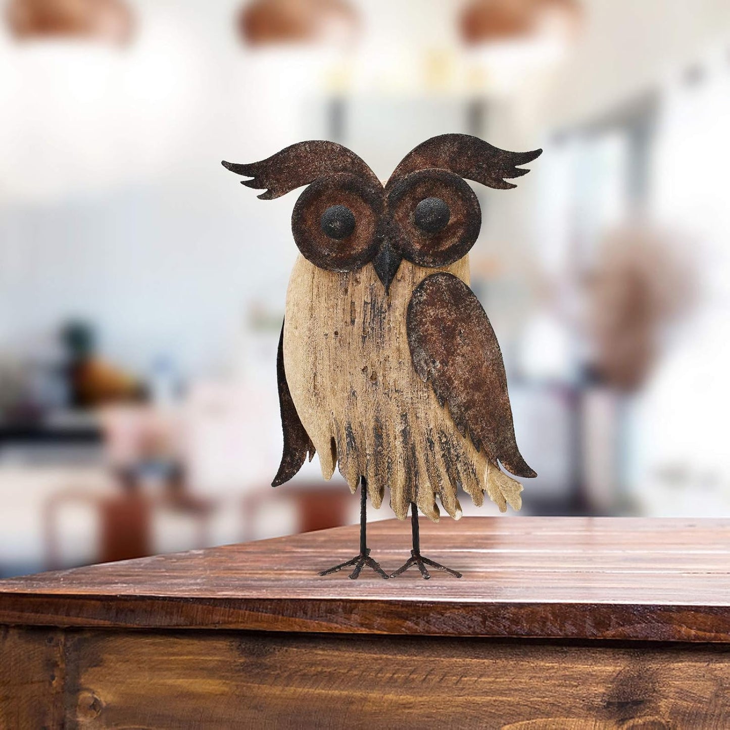 E-view Rustic Owl Figurines Decor Animal Statue for Home-Wooden Stand Owl Sculptures Decorations for Living Room Bedroom-Shelf Decoration Decorative Tabletop Collection(Owl B)