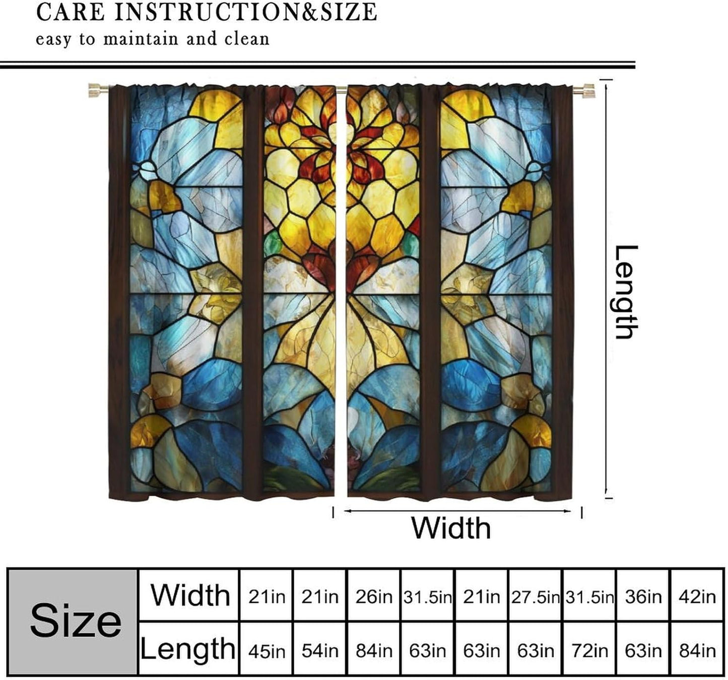 Stained Glass Curtains,Retro Abstract Colorful Art Home Decor Drapes for Bedroom Living Room Kitchen Window Treatment 2 Panels Set Total Size 42" W X 54" L Inch