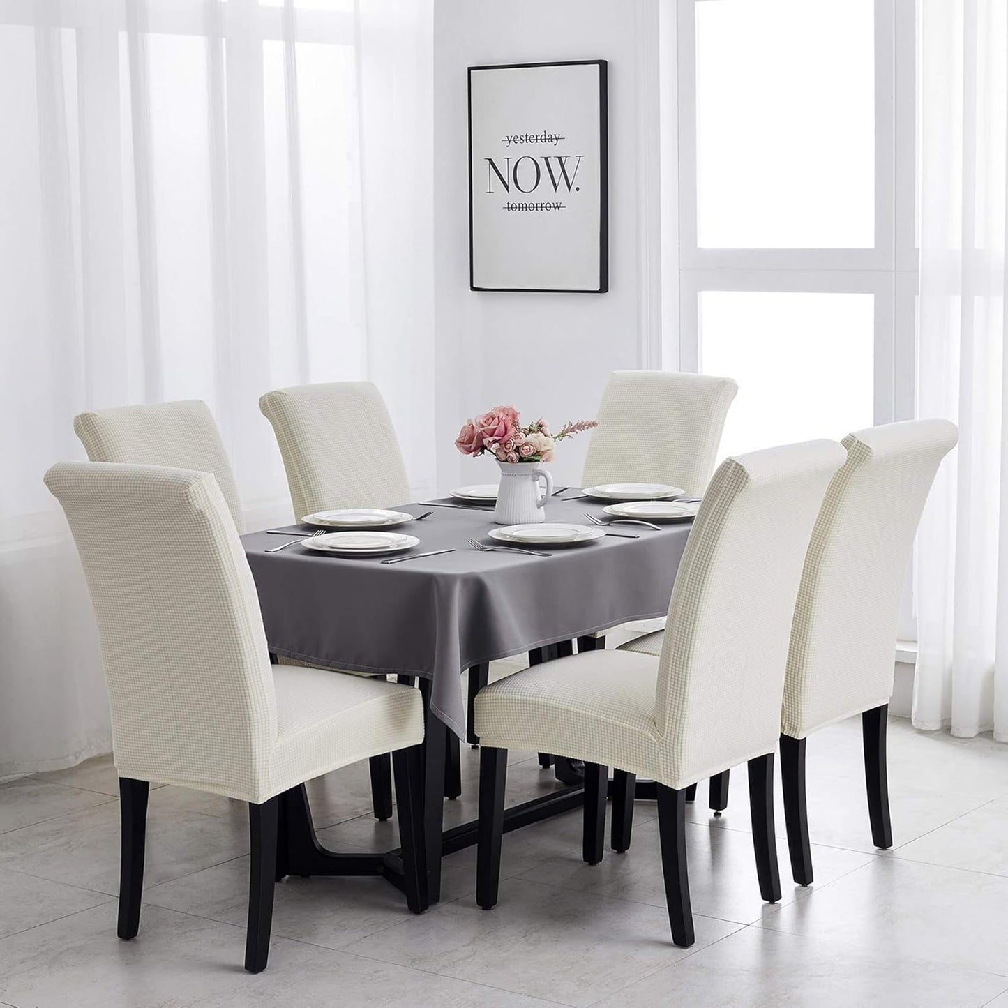 Joccun Chair Covers for Dining Room Set of 6,Dining Chair Slipcovers Stretch Dining Room Chair Covers Seat Protector,Washable Parsons Chair Cover for Home,Hotel,Banquet(Ivory,6 Pack)