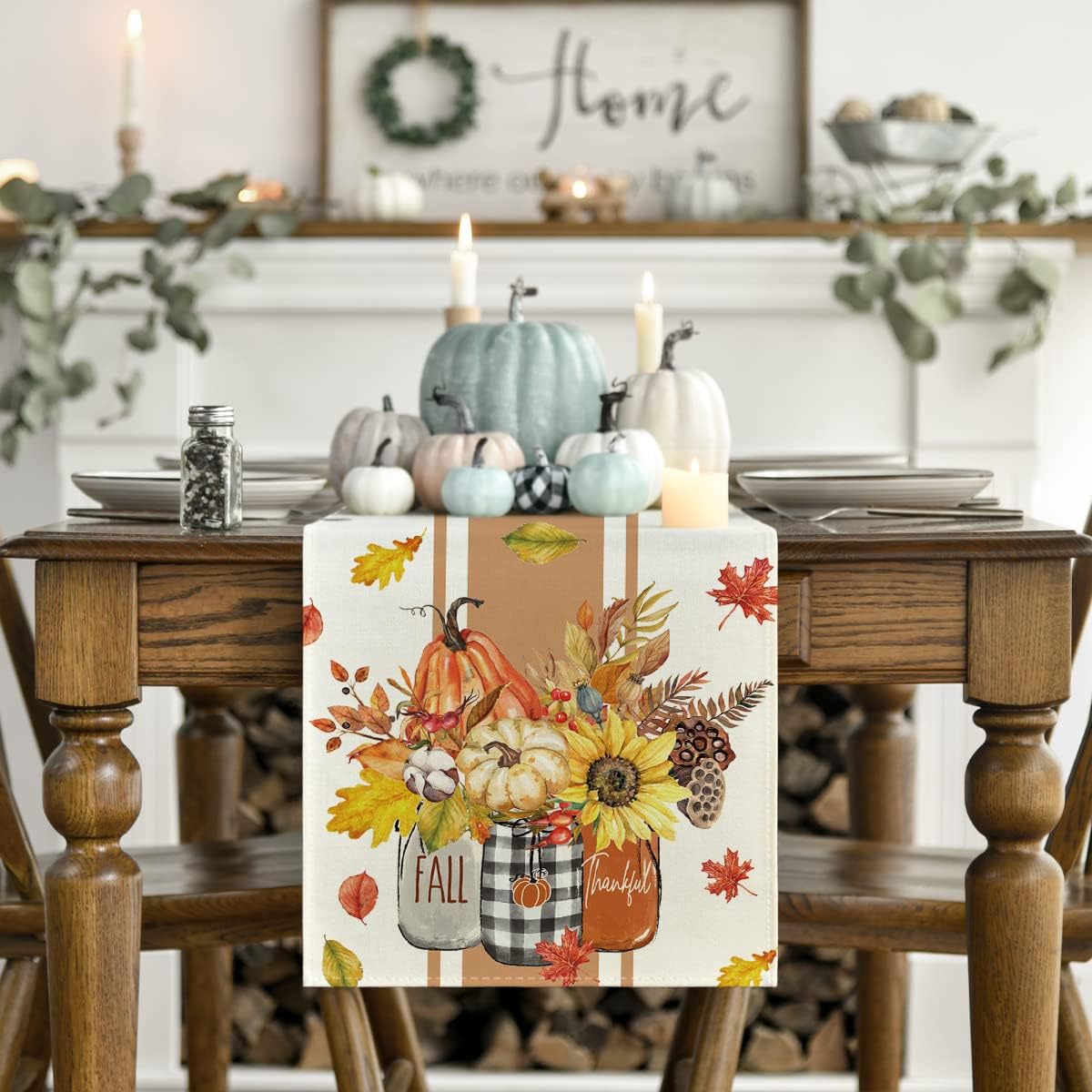 Artoid Mode Thankful Fall Pumpkin Leaves Floral Vases Table Runner, Autumn Thanksgiving Kitchen Dining Table Decoration for Home Party Decor 13x72 Inch