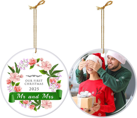 Personalized Our First Christmas Married Ornament 2025, Just Married Ornament as Mr and Mrs, First Year Newlywed 2.9" Ceramic Round Xmas Tree Decorations